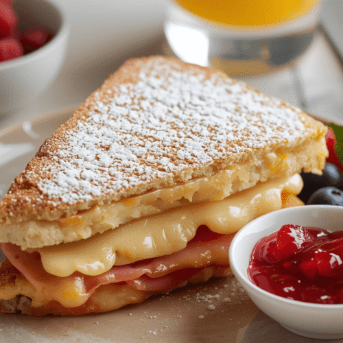 Air Fryer Monte Cristo sandwich sliced in half to reveal layers of melted Swiss cheese and ham inside golden, crispy Texas toast, dusted with powdered sugar and served with a side of raspberry jelly. Styled for a Pinterest-ready food blog image, highlighting cheesy, crispy, and indulgent textures