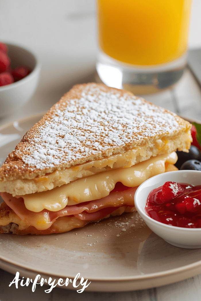 Air Fryer Monte Cristo sandwich sliced in half to reveal layers of melted Swiss cheese and ham inside golden, crispy Texas toast, dusted with powdered sugar and served with a side of raspberry jelly. Styled for a Pinterest-ready food blog image, highlighting cheesy, crispy, and indulgent textures
