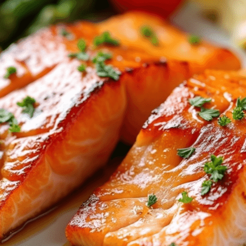 Two golden, glazed Air Fryer Honey Mustard Salmon fillets on a white plate with lemon wedges and fresh parsley. Served with air-fried asparagus and cherry tomatoes, showing the caramelized honey mustard glaze and flaky texture, ready for a quick and healthy weeknight dinner