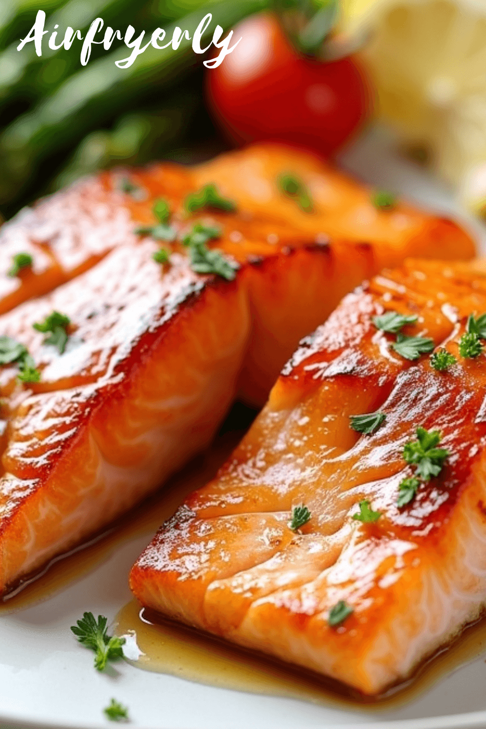 Two golden, glazed Air Fryer Honey Mustard Salmon fillets on a white plate with lemon wedges and fresh parsley. Served with air-fried asparagus and cherry tomatoes, showing the caramelized honey mustard glaze and flaky texture, ready for a quick and healthy weeknight dinner