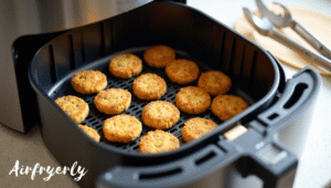 Frozen Falafel Air Fryer basket with falafel arranged in a single layer to allow even air circulation