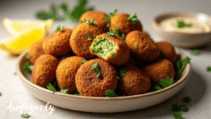 Crispy Frozen Falafel Air Fryer ready to serve, golden brown outside with soft fluffy chickpea center inside