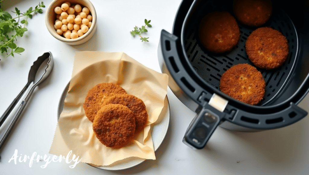 Ingredients for Frozen Falafel Air Fryer recipe including frozen falafel, optional olive oil spray, and air fryer basket