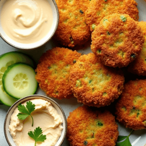 Frozen Falafel Air Fryer cooked until golden and crispy, served with tahini sauce and fresh herbs on a light plate