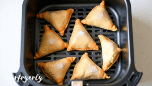 Frozen triangular samosas arranged in a single layer inside an air fryer basket before cooking