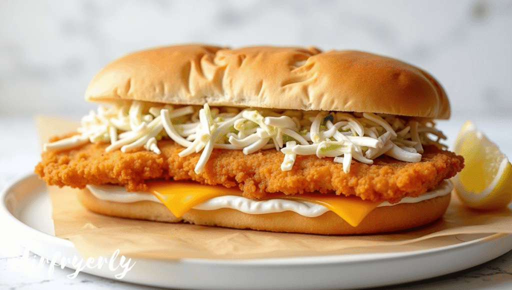 Crispy air fryer fish fillet sandwich on a toasted bun with sauce and slaw