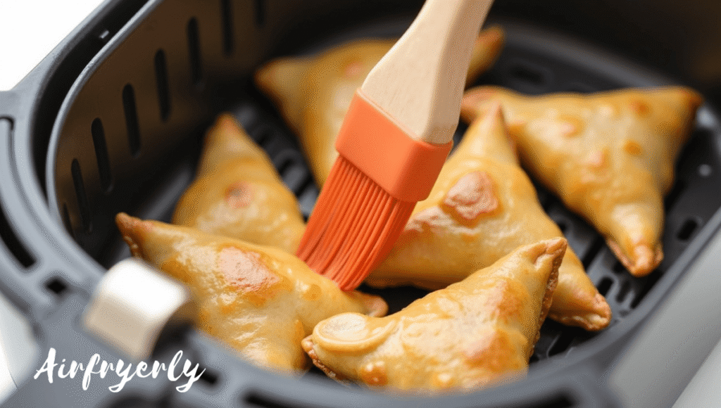 Frozen samosas lightly brushed with oil in an air fryer basket for extra crispy texture