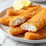 Crispy air fryer frozen fish fillets cooked until golden brown, served hot for an easy 10-minute meal