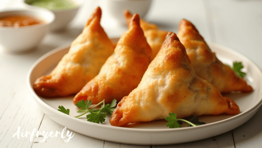 Air fry frozen samosas cooked until golden and crispy, served with mint chutney and tamarind sauce