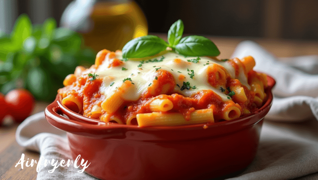 Baked Ziti in Air Fryer with creamy marinara sauce and melted mozzarella, topped with golden crispy cheese and breadcrumbs
