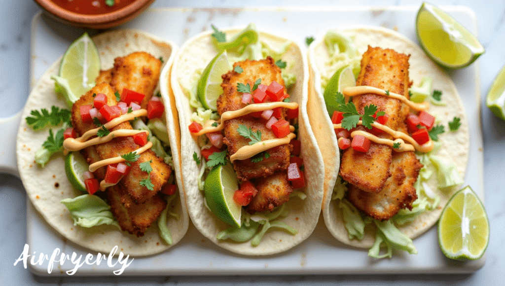 Air fryer frozen fish fillets sliced into tacos with cabbage, salsa, and lime