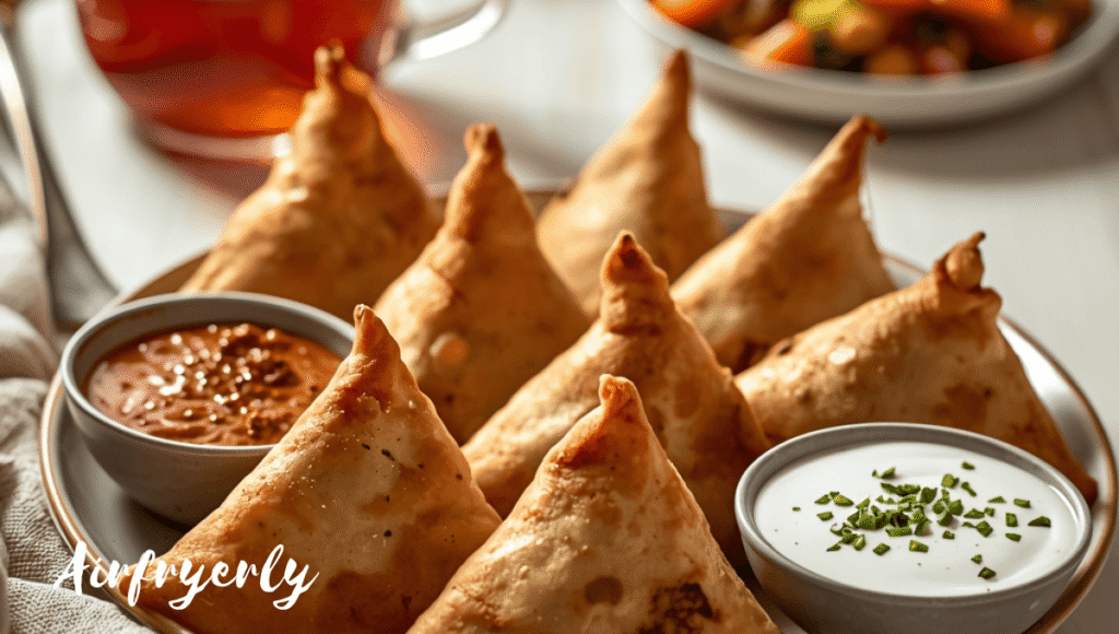Crispy air fry frozen samosas served with mint chutney, tamarind sauce, and masala chai