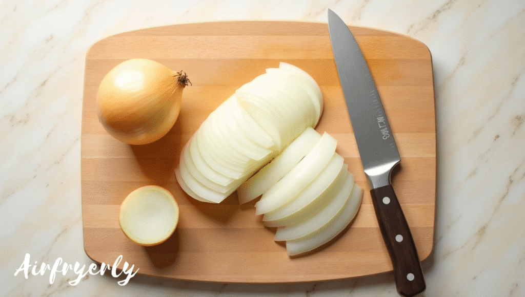 Slicing onion into even strips for caramelized onions air fryer recipe to ensure even cooking