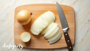 Slicing onion into even strips for caramelized onions air fryer recipe to ensure even cooking