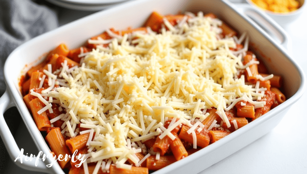 Assembled Baked Ziti in Air Fryer topped with mozzarella, parmesan, and buttery panko breadcrumbs