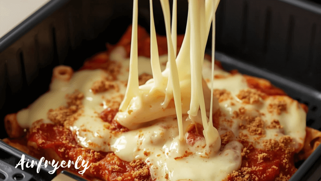 Baked Ziti in Air Fryer cooking with bubbly melted cheese and golden crispy topping