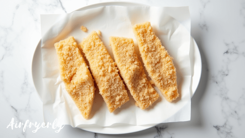 Uncooked frozen breaded fish fillets placed on a plate, ready to cook in the air fryer