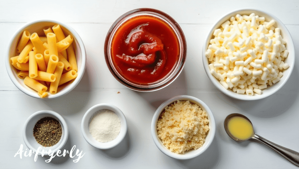 Ingredients for Baked Ziti in Air Fryer including cooked ziti pasta, marinara sauce, mozzarella, parmesan, and panko breadcrumbs