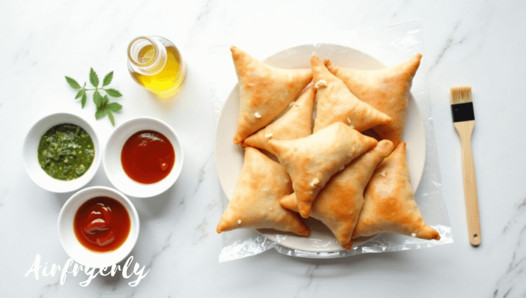 Ingredients needed to air fry frozen samosas including frozen samosas, oil spray, mint chutney, and tamarind sauce