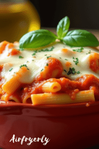 Baked Ziti in Air Fryer with creamy marinara sauce and melted mozzarella, topped with golden crispy cheese and breadcrumbs