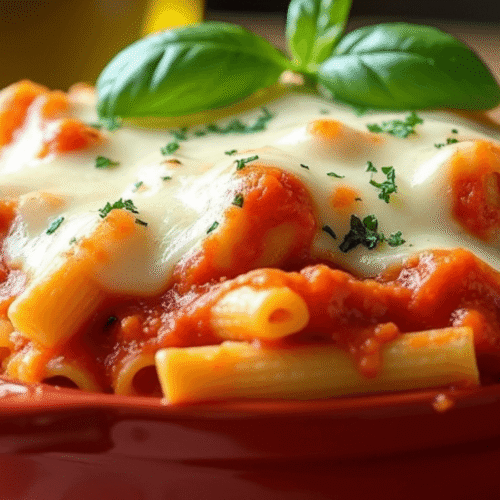 Baked Ziti in Air Fryer with creamy marinara sauce and melted mozzarella, topped with golden crispy cheese and breadcrumbs