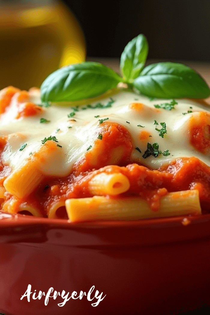 Baked Ziti in Air Fryer with creamy marinara sauce and melted mozzarella, topped with golden crispy cheese and breadcrumbs