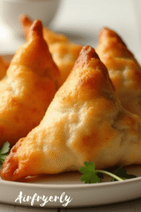 Air fry frozen samosas cooked until golden and crispy, served with mint chutney and tamarind sauce