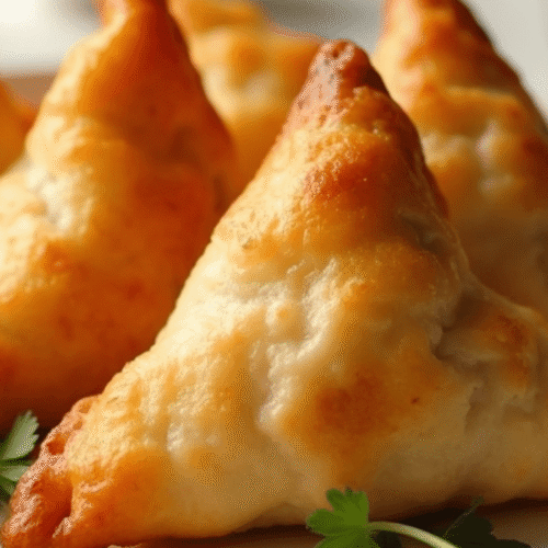 Air fry frozen samosas cooked until golden and crispy, served with mint chutney and tamarind sauce