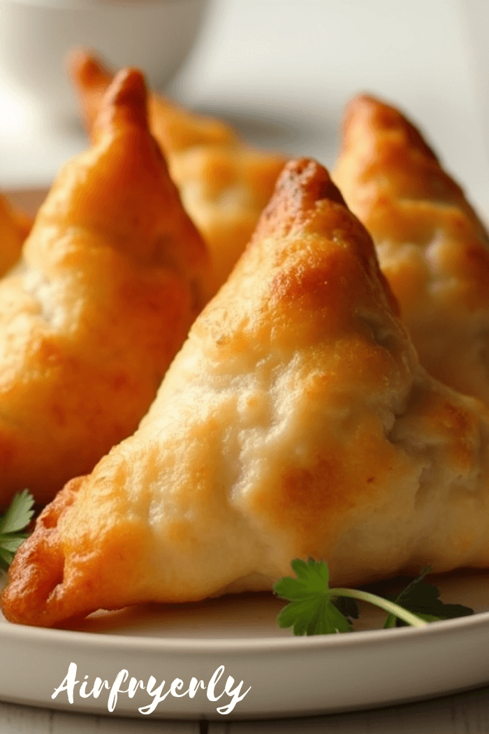Air fry frozen samosas cooked until golden and crispy, served with mint chutney and tamarind sauce