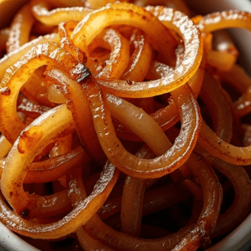Caramelized onions air fryer style served golden and glossy in a white bowl, showing perfectly soft and sweet onion strands