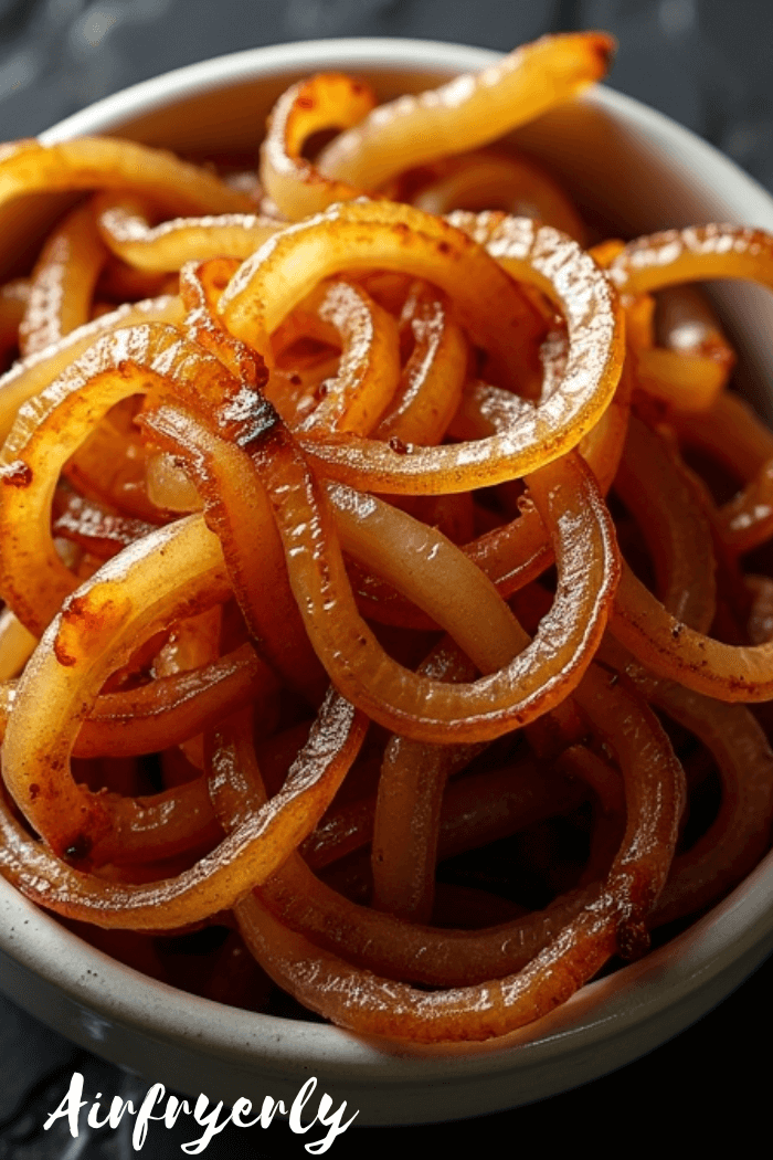 Caramelized onions air fryer style served golden and glossy in a white bowl, showing perfectly soft and sweet onion strands
