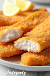 Crispy air fryer frozen fish fillets cooked until golden brown, served hot for an easy 10-minute meal