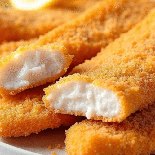 Crispy air fryer frozen fish fillets cooked until golden brown, served hot for an easy 10-minute meal