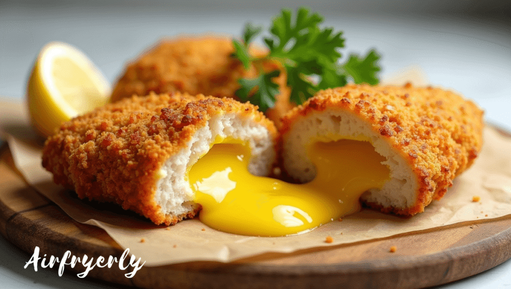 Crispy chicken kiev in air fryer served with golden fries and peas, garlic butter center visible