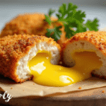 Crispy chicken kiev in air fryer served with golden fries and peas, garlic butter center visible