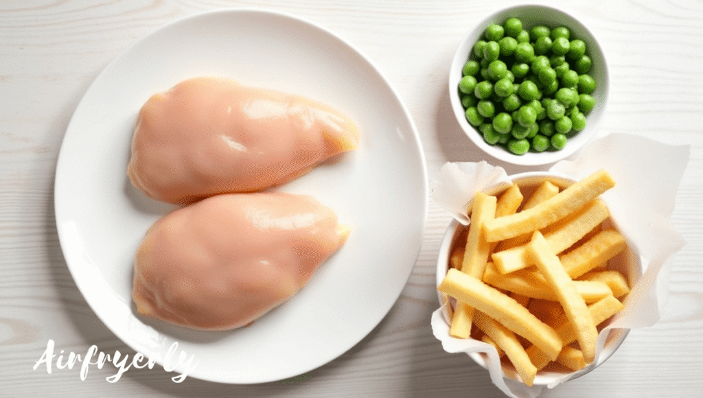 Uncooked chicken kievs with frozen fries and peas arranged before air frying