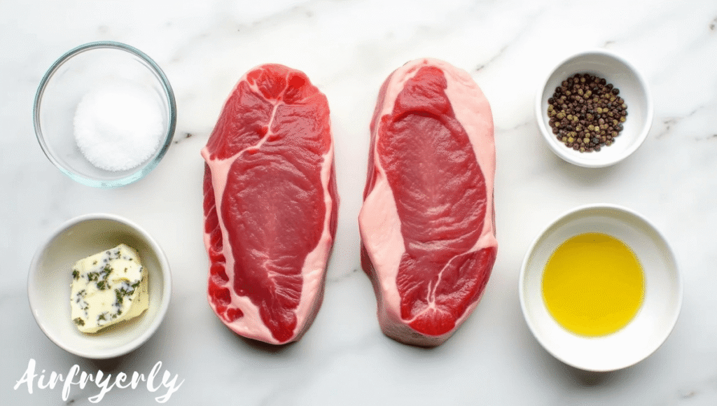 ingredients for filet mignon in air fryer including steaks, salt, pepper and butter