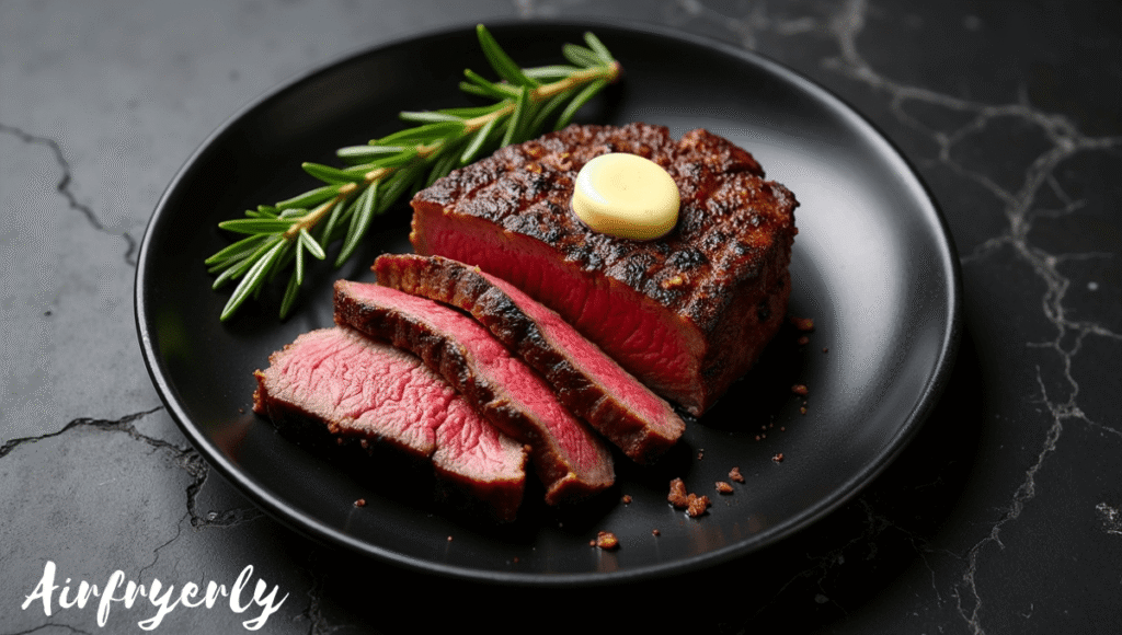 filet mignon in air fryer cooked medium rare with garlic herb butter