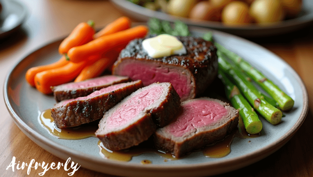 cooked filet mignon in air fryer resting before slicing