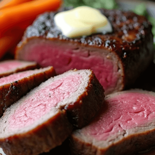 filet mignon in air fryer cooked medium rare with garlic herb butter