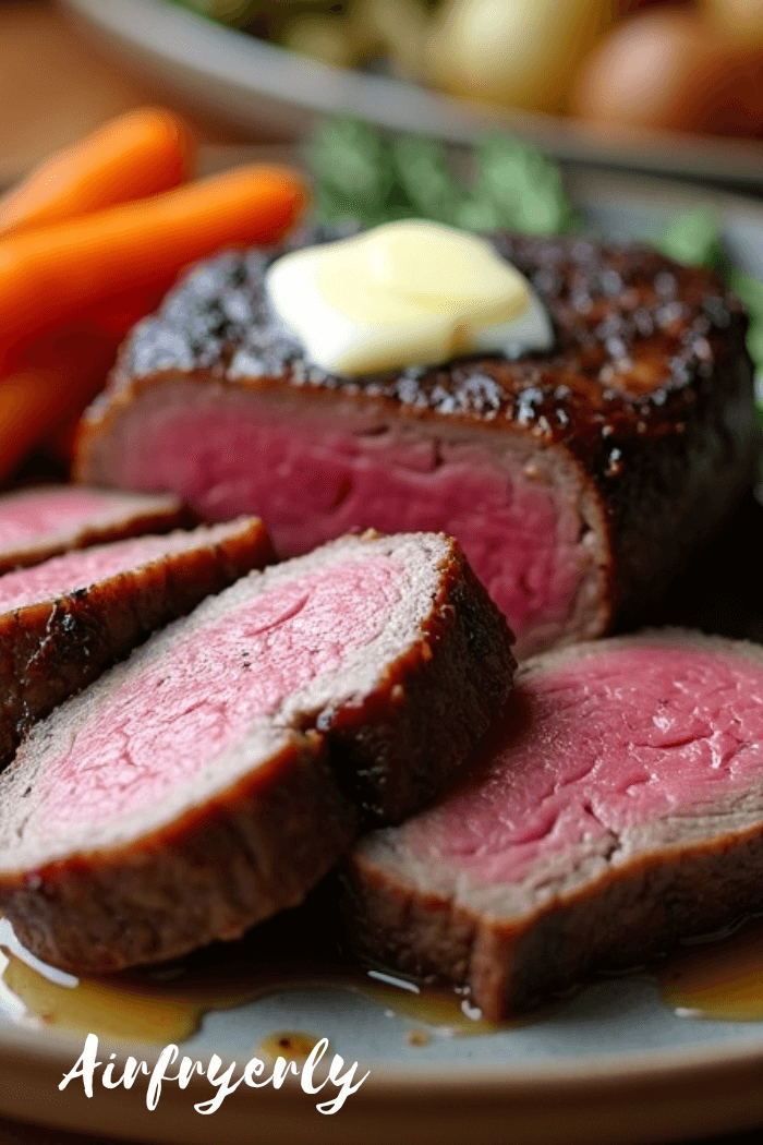 filet mignon in air fryer cooked medium rare with garlic herb butter