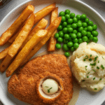 Crispy chicken kiev in air fryer served with golden fries and peas, garlic butter center visible
