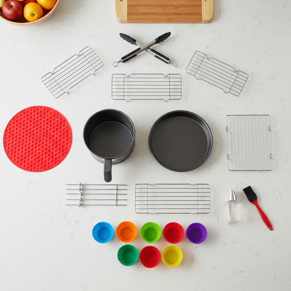 complete air fryer accessory kit including baking pan rack and skewers