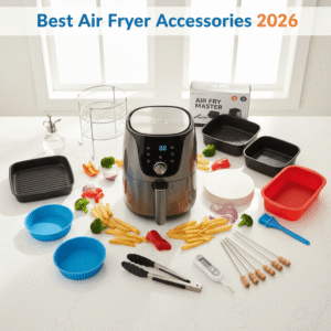Best air fryer accessories including oil sprayer, rack, parchment paper, tongs, and baking pan on kitchen countertop