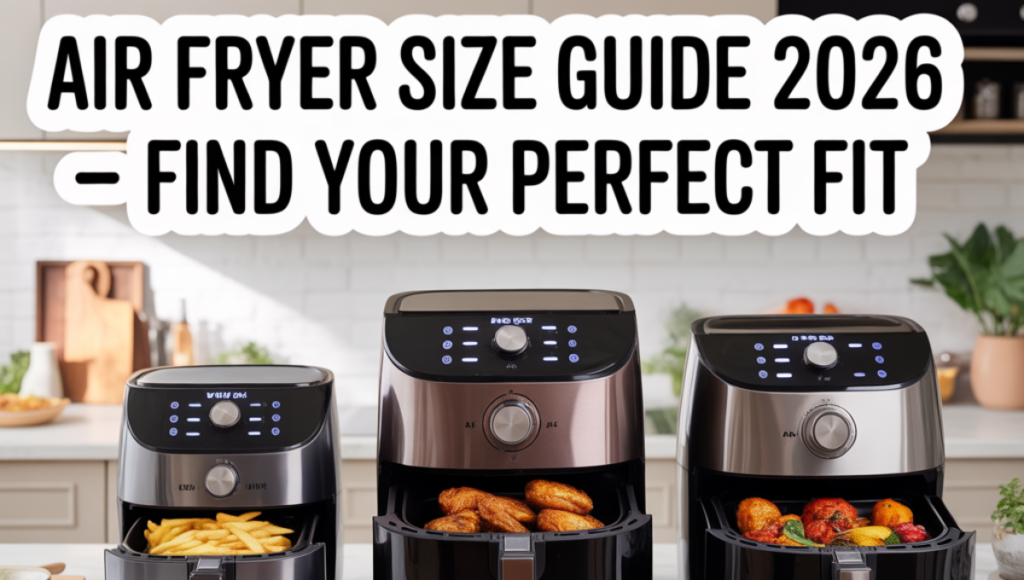 Air fryer size guide showing small medium and large air fryers with food capacity comparison on kitchen counter
