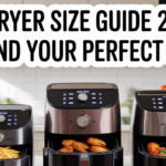 Air fryer size guide showing small medium and large air fryers with food capacity comparison on kitchen counter