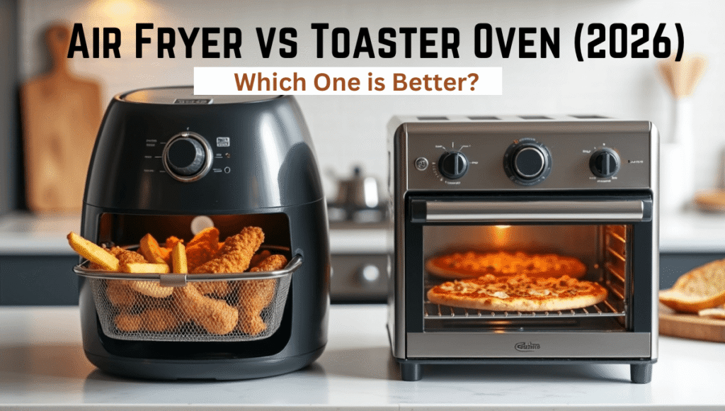  Air fryer vs toaster oven comparison showing crispy fries in air fryer and pizza in toaster oven in a modern kitchen