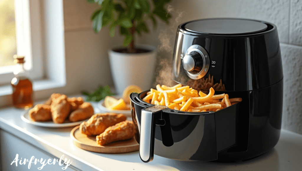 Best air fryer under $100 on a clean kitchen counter with crispy fries inside basket