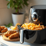 Best air fryer under $100 on a clean kitchen counter with crispy fries inside basket