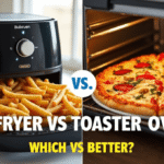 Air fryer vs toaster oven comparison showing crispy fries in air fryer and pizza in toaster oven in a modern kitchen